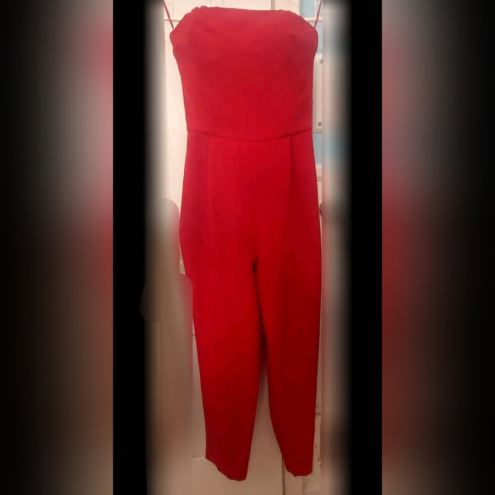 EXPRESS- Cherry Red Polyester Crepe Womens Strapless Jumpsuit, Size 2
